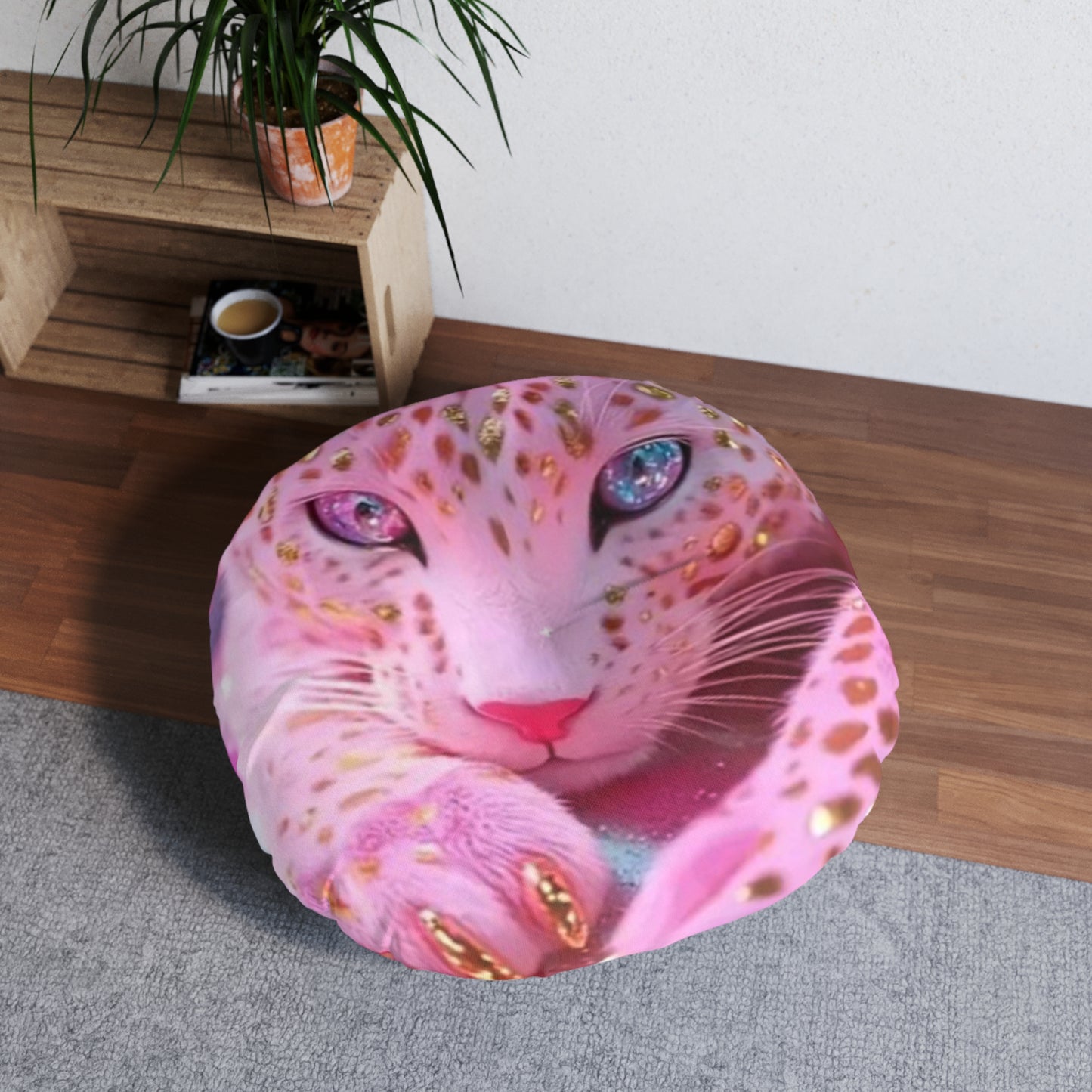 Tufted Floor Pillow, Round - Pink Leopard Design, Cozy Home Decor, Animal Lover Gift, Boho Chic Accent, Stylish Seating